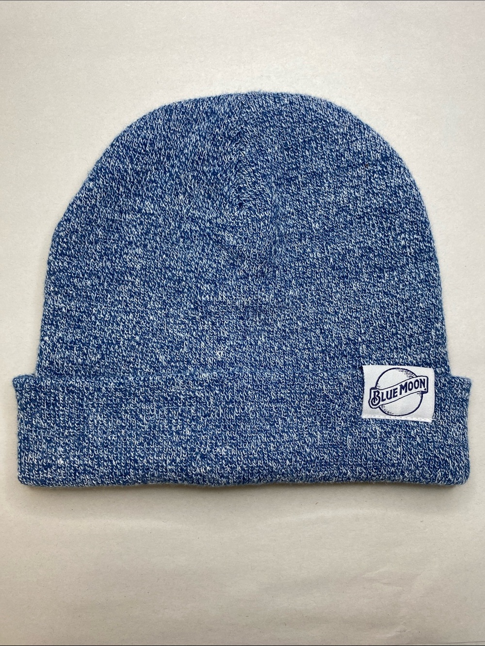 Blue Moon Logo Knit Beanie Hat Blue White Marled Cuffed Slouchy Unisex